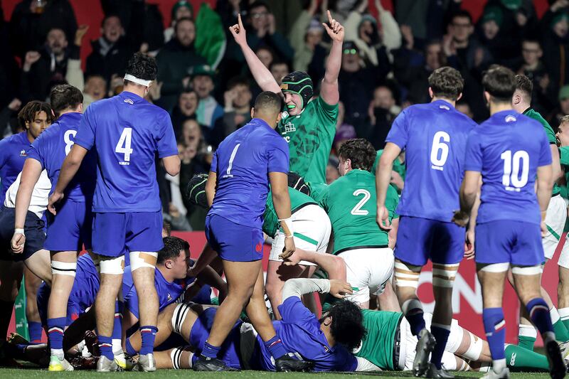 Conor O’Tighearnaigh celebrates Paddy McCarthy's try against France at Musgrave Park. Photograph: Laszlo Geczo/Inpho
