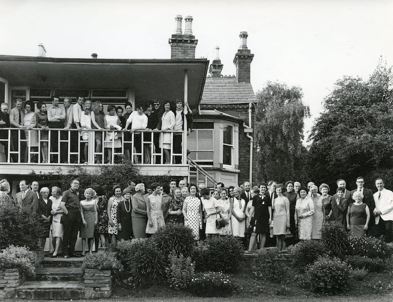 The last night at Derryvolgie Avenue in June 1968. Among the Lyric Players, their friends and associates is Mary in the middle of the balcony with Sam McCready on her right, and Alice Berger Hammerschlag and Helen Lewis on her left. The indomitable Mrs Hughes is in a sleeveless dress, in the front, far right. Behind Mrs Hughes is director Denis Smyth; to her right George Mooney, Lyric actor, director and chronicler. 1968. Photo from the Lyric archive at University of Galway.