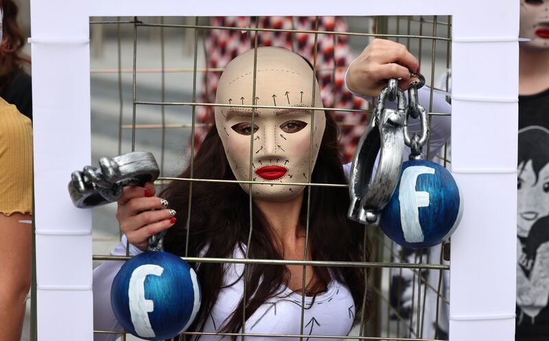 Hazel Blake from Blackrock, Dublin, joined the protest which aimed to put pressure on companies to make social media safe for young people. Photograph: Dara Mac Dónaill