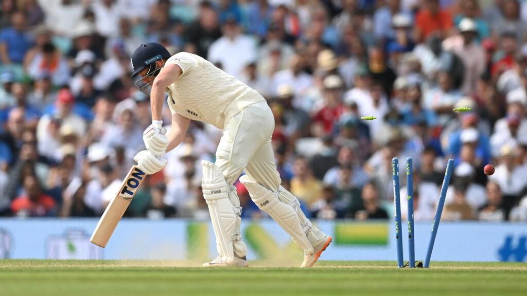 Jonny Bairstow is bowled by Jasprit Bumrah on the final day at The Oval. Photograph: Gareth Copley/Getty