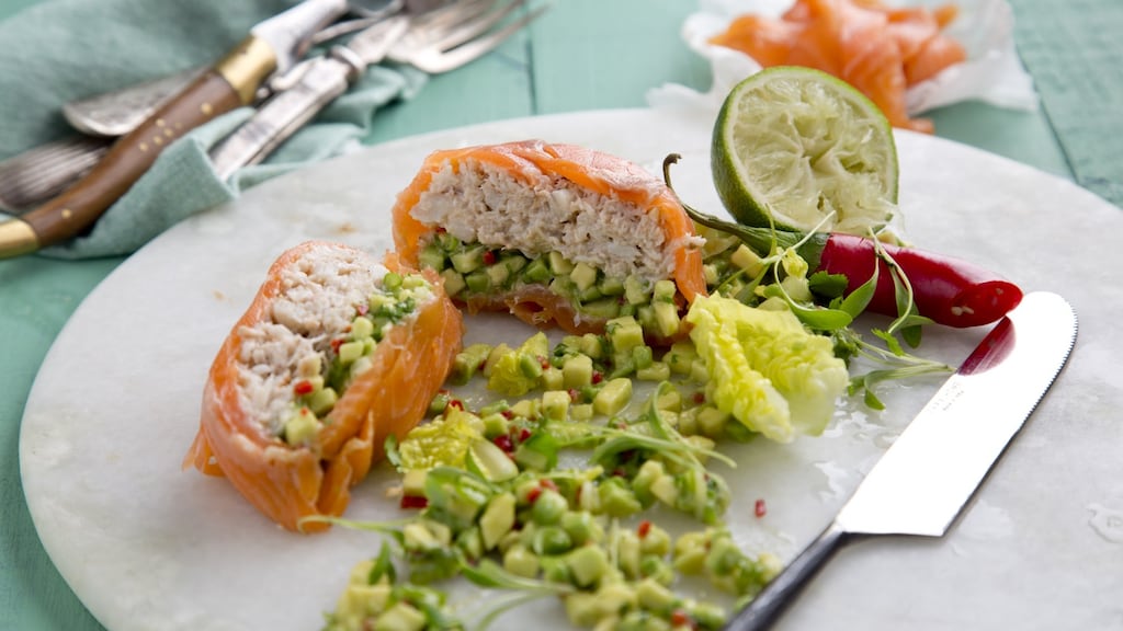 Smoked salmon terrines with avocado and crab