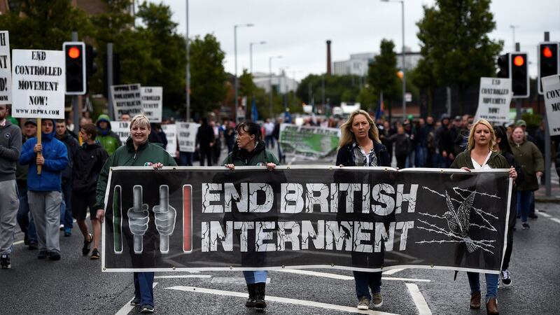 Protesters march at an anti-internment parade in Belfast. Photograph: Clodagh Kilcoyne/Reuters