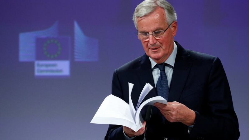 The European Union’s chief Brexit negotiator Michel Barnier delivers a statement in Brussels after Theresa May’s cabinet approved a draft Brexit deal. Photograph: Francois Lenoir/Reuters.