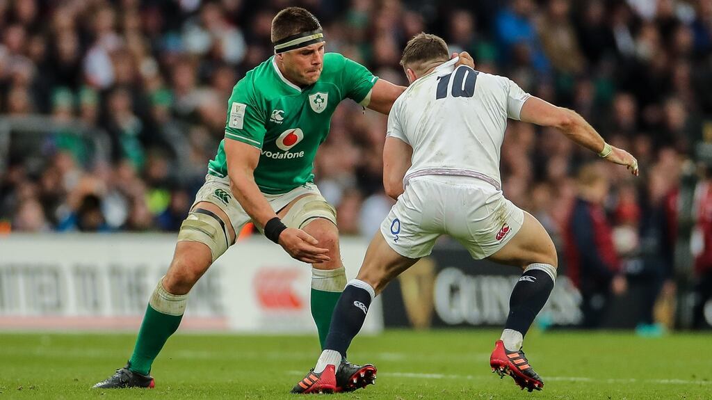 CJ Stander in action against England’s George Ford during the Six Nations game at Twickenham. Photograph: James Crombie/Inpho