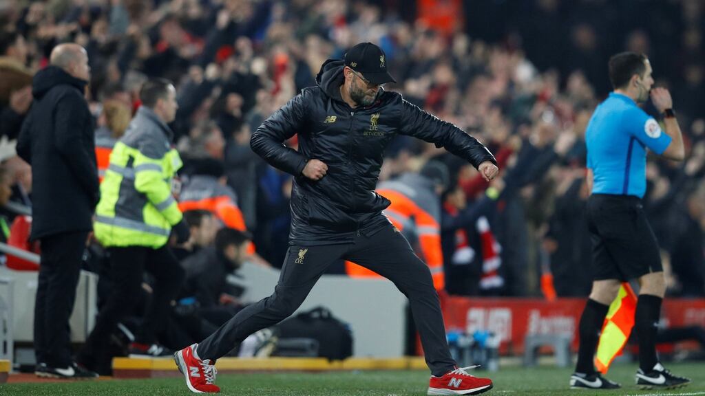 Liverpool manager Jurgen Klopp celebrates his team’s fourth goal against Newcastle. Photograph: Reuters
