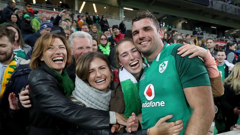 Tadhg Beirne celebrates with mother Brenda, father Gerry and sisters Jennifer, Alannah and Caoimhe after winning his first Ireland cap in the victory over Australia during the second Test at AAMI Park, Melbourne. Photograph: Dan Sheridan/Inpho