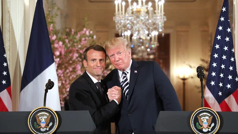US president Donald Trump and French president Emmanuel Macron hold a joint press conference at the White House in Washington, DC. Photograph: Ludovic Marin/AFP/Getty Images