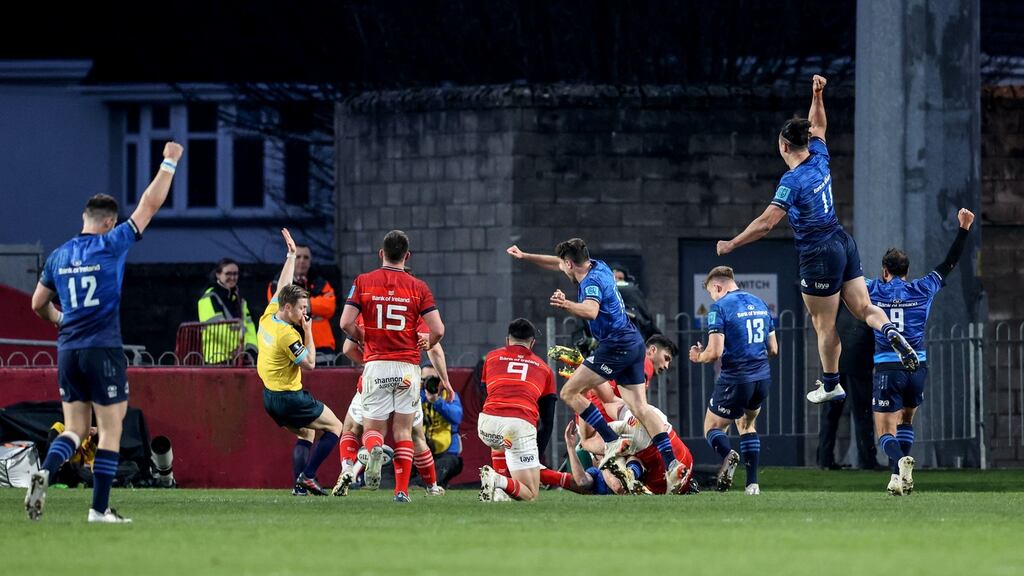 Leinster celebrate after Jimmy O’Brien gets over for a try during the United Rugby Championship match against Munster at Thomond Park. Photograph: Dan Sheridan/Inpho