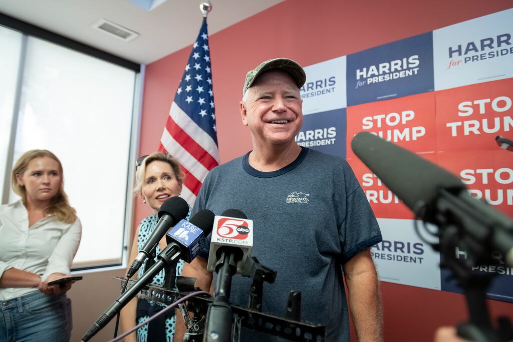 Tim Walz speaks to reporters at a canvassing event for the Democratic presidential ticket in St. Paul, Minnesota, July 27th, 2024. Photograph: The New York Times