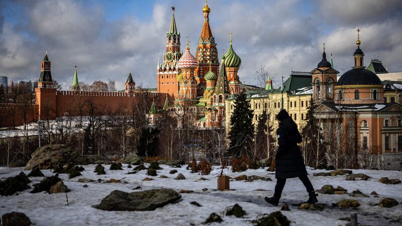 Zaryadye park in front of the Kremlin and St. Basil’s Cathedral in central Moscow. Photograph: Dimitar Dilkoff/AFP