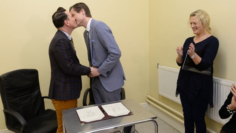 Richard and Cormac during their marriage ceremony, with Mary Claire Heffernan, senior registrar, at the Community Care Building at South Tipperary General Hospital, Clonmel, Co Tipperary on November 17th, 2015. Photograph: Dara Mac Dónaill
