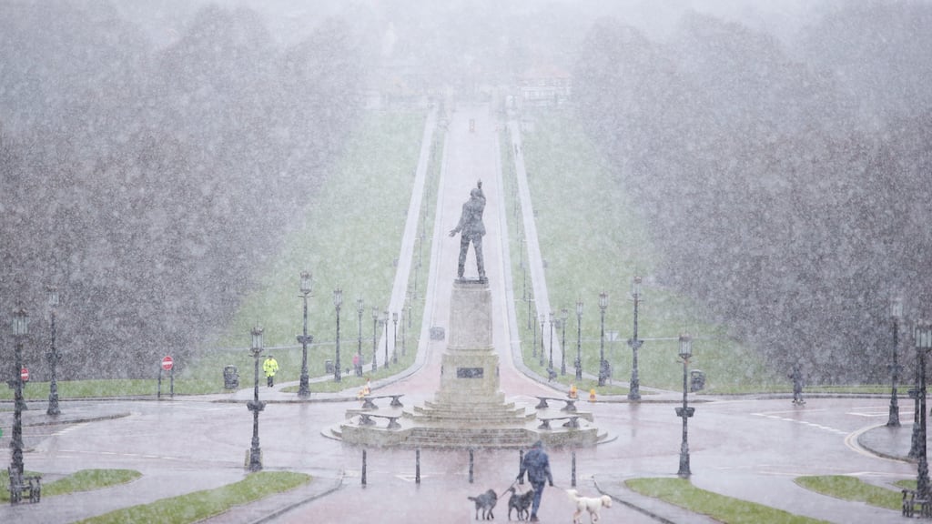 Snow falls on Stormont in east Belfast. Photograph: Jonathan Porter/Press Eye
