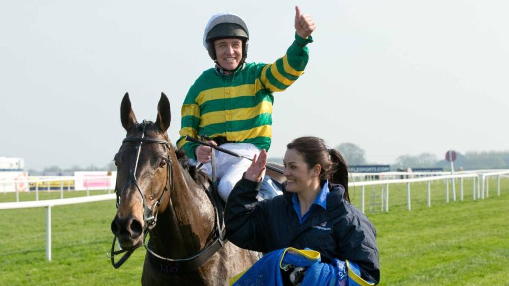 Barry Geraghty riding Shutthefrontdoor 
celebrates winning the Irish Grand National at Fairyhouse. Photograph: Morgan Treacy/Inpho