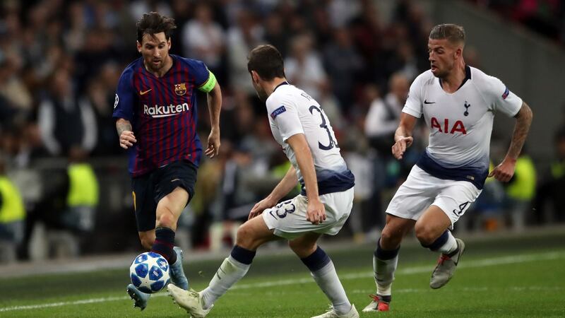 Barcelona’s Lionel Messi takes on Tottenham Hotspur’s Ben Davies during the Champions League Group B match at Wembley Stadium. Photograph: Nick Potts/PA Wire