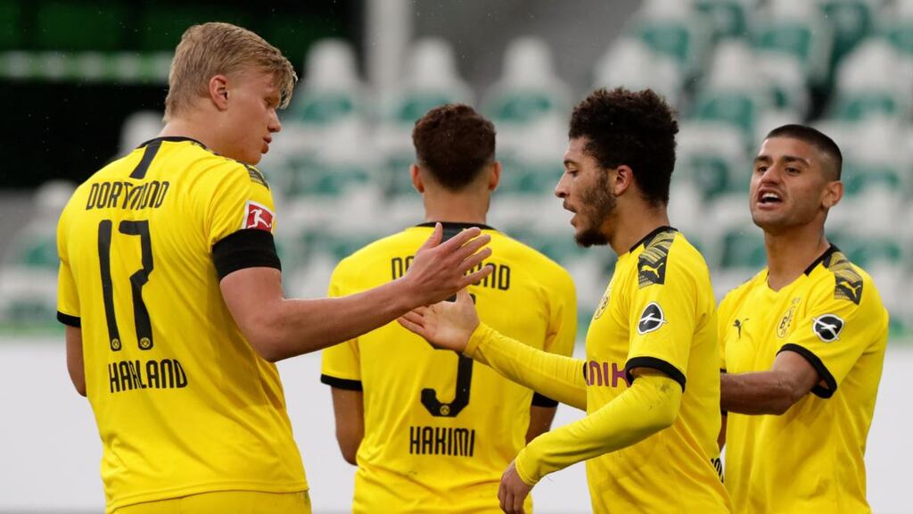 Borussia Dortmund’s Erling Haaland and Jadon Sancho are two of world football’s hottest prospects. Photograph: Michael Sohn/AP