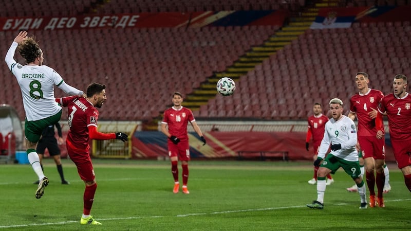 Ireland’s Alan Browne heads home the opening goal in the World Cup qualifier against Serbia at the Rajko Mitic Stadium in Belgrade. Photograph: Nikola Krstic/Inpho