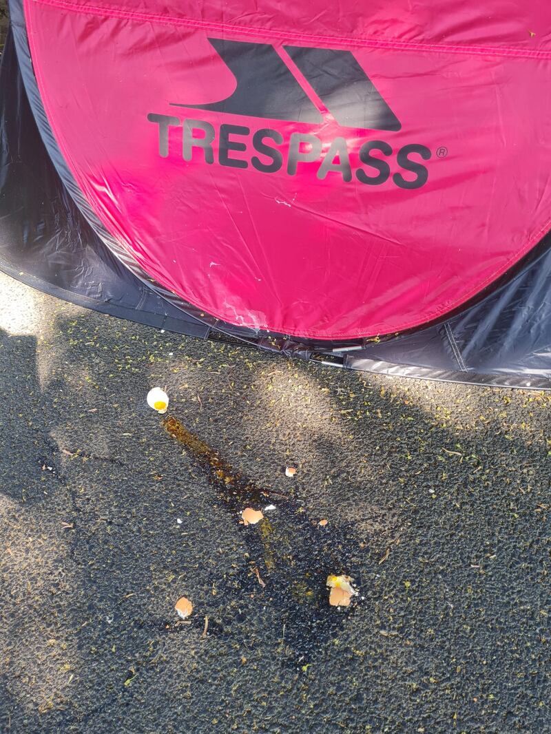 One of the tents hit with eggs.