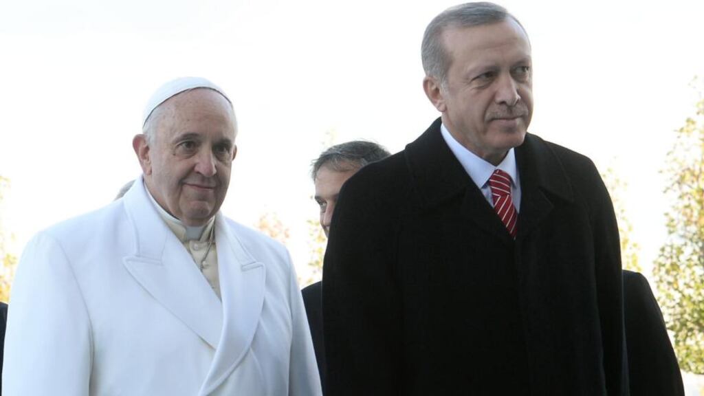 Pope Francis and Turkish president Recep Tayyip Erdogan in Ankara last November. Diplomatic sources said the statement contradicted the message of peace and friendship the pontiff delivered during his three-day visit. Photograph: EPA/STR