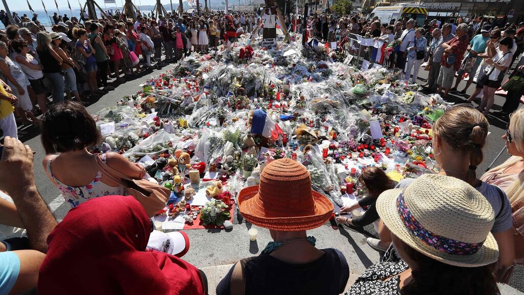 Flowers placed on the Promenade des Anglais in Nice in tribute to the victims of the Bastille Day attack that left 84 dead. Photograph: Valery Hache/AFP via Getty