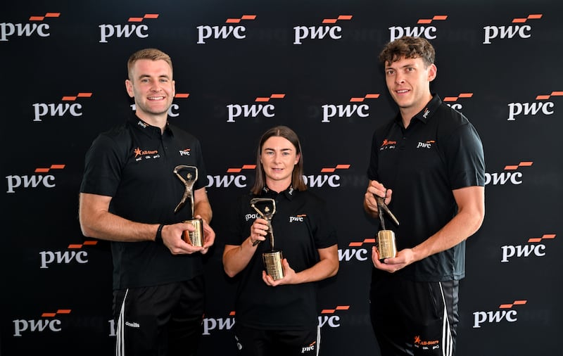 The PwC GAA/GPA Players of the Month for July: from left, Tipperary's John McGrath for hurling, Galway's Aoife Donohue for camogie, Kerry's David Clifford for football. Photograph: Ramsey Cardy/Sportsfile