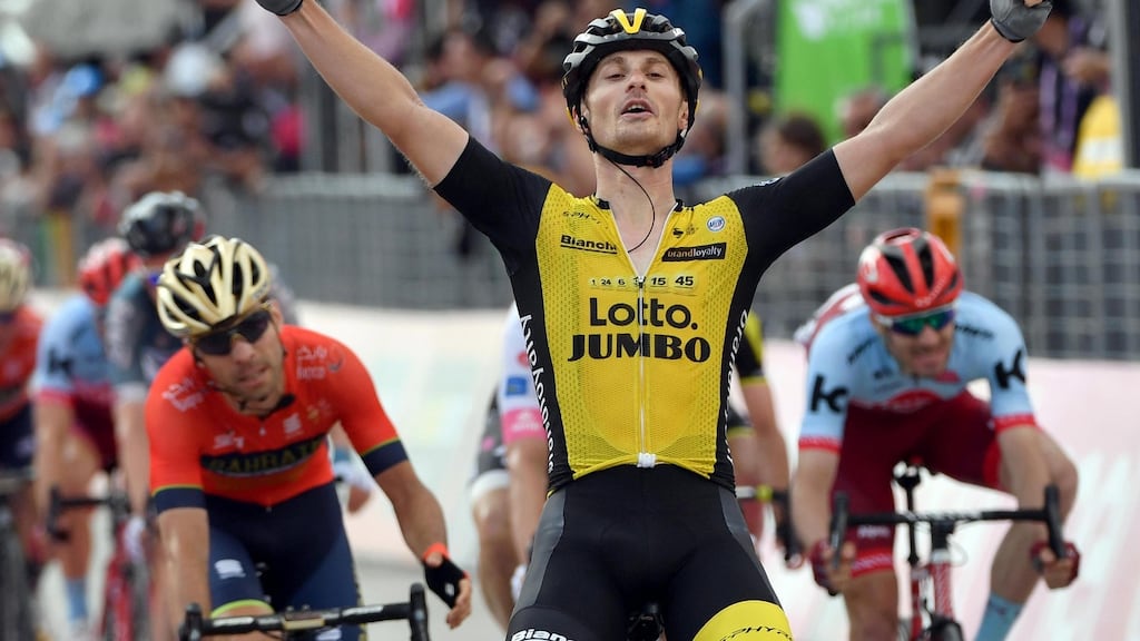Italian rider Enrico Battaglin crossing the line to win the fifth stage of the Giro d’Italia over 153km from Agrigento to Santa Ninfa. Photograph: Daniel Dalzennaro