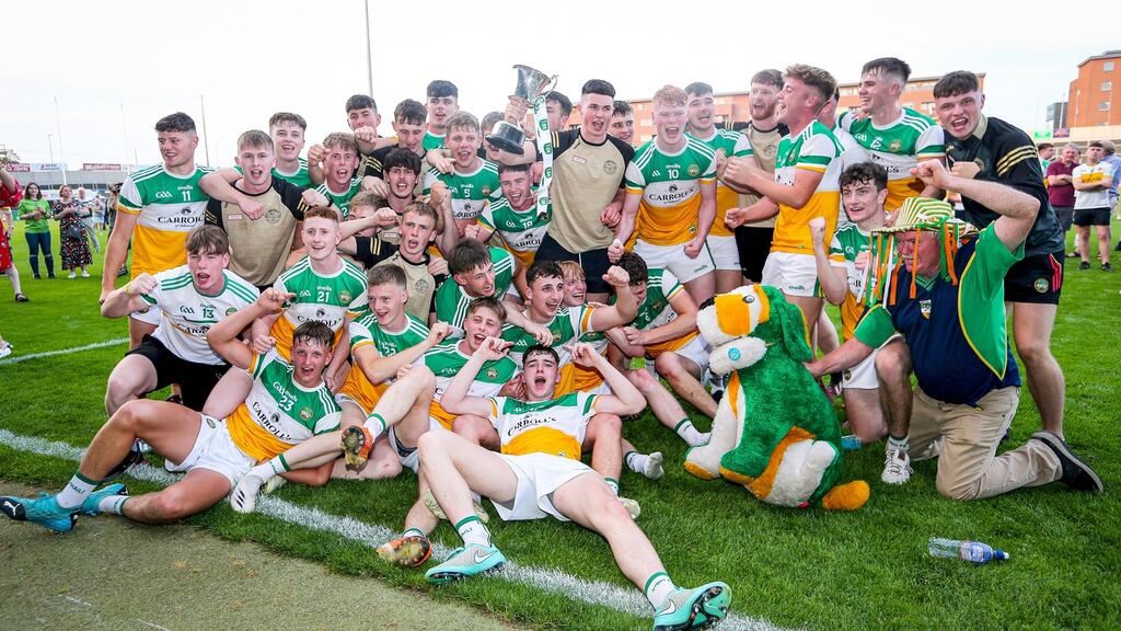 The Offaly Under-20 team celebrate winning the Leinster championship. Photograph: Lorraine O’Sullivan/Inpho