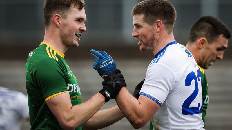 Monaghan’s Darren Hughes and Conor Boyle of Meath square up during their side’s draw in Clones. Photograph: Inpho