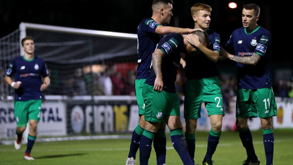 Shamrock Rovers’ Brandon Miele celebrates scoring a goal with teammates. Photo: Tommy Dickson/Inpho