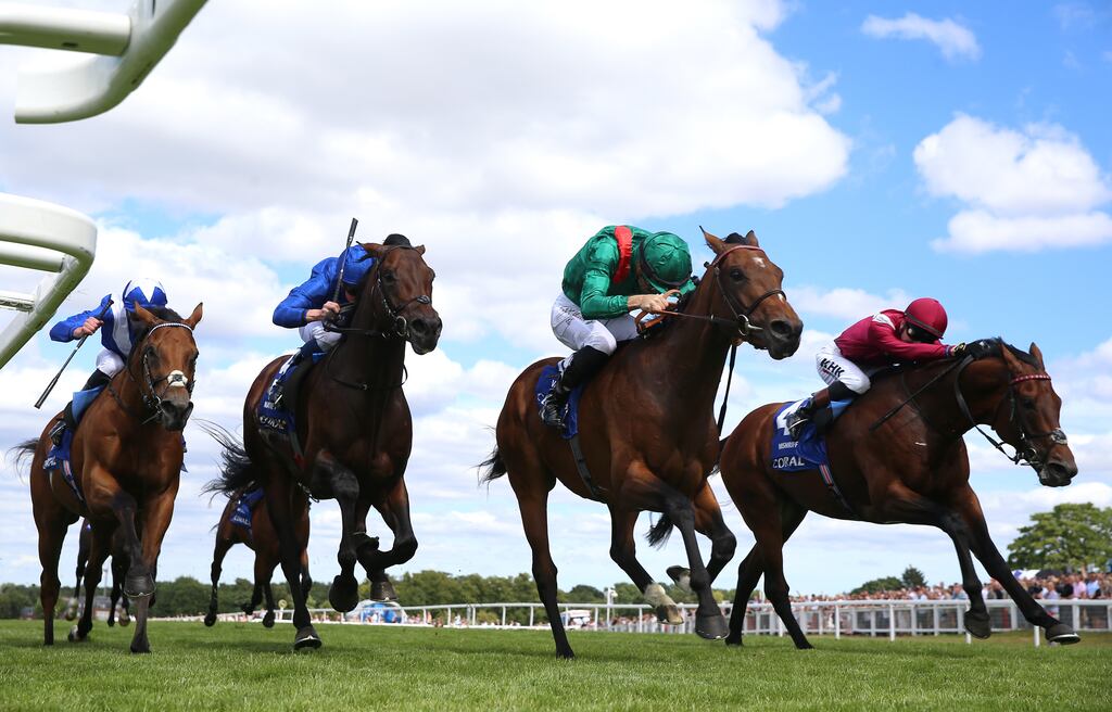 Vadeni (second from right) ridden by Christophe Soumillon wins the Coral-Eclipse at Sandown. Photograph: Nigel French/PA Wire