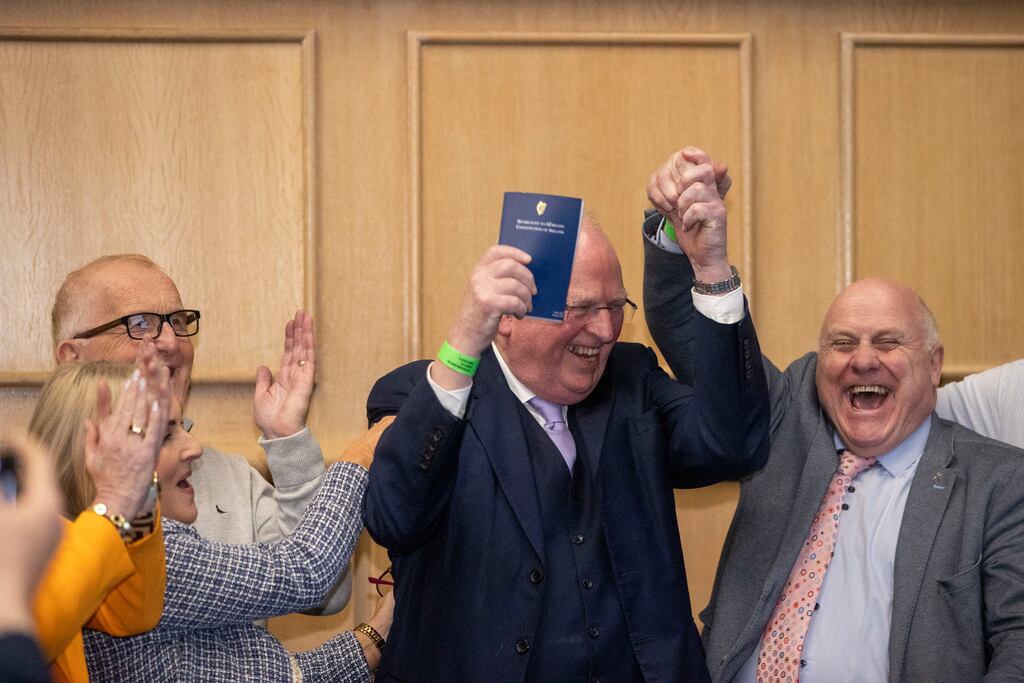 A jubilant Independent Senator Michael McDowell with Independent Wexford TD Verona Murphy and Independent Galway West TD Noel Grealish (right) celebrate the result at the Dublin Castle count centre. Photograph: Tom Honan