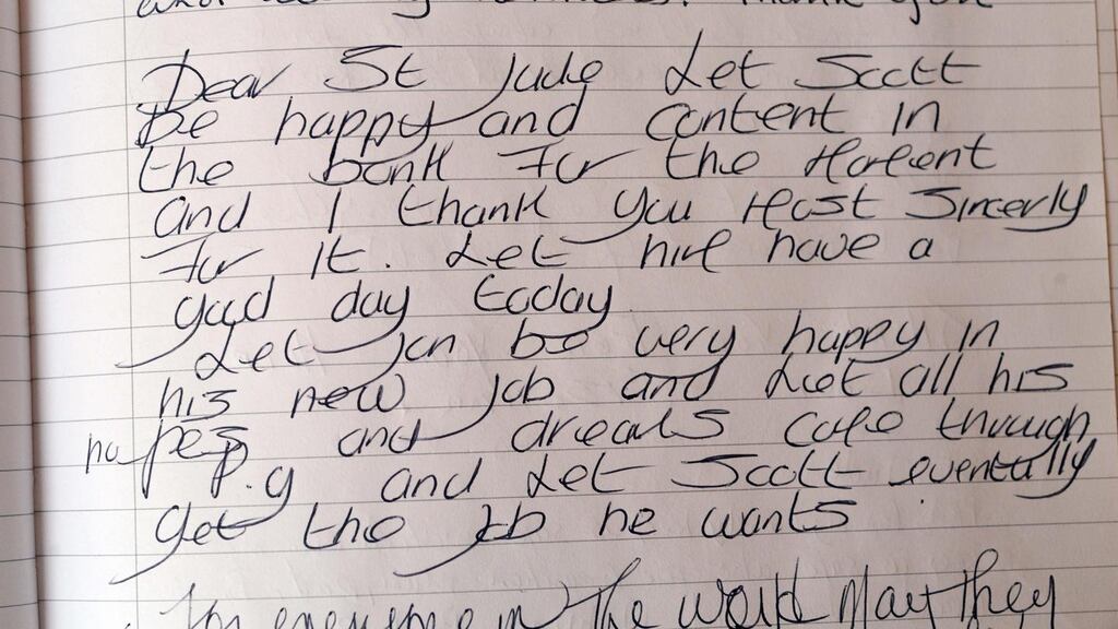 Prayers of the faithful: messages to St Jude at the Church of Our Lady of Mount Carmel. Photograph: Eric Luke