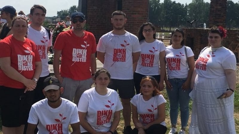 The Irish Roma and Traveller delegation pictured at Auschwitz-Birkenau on Thursday.