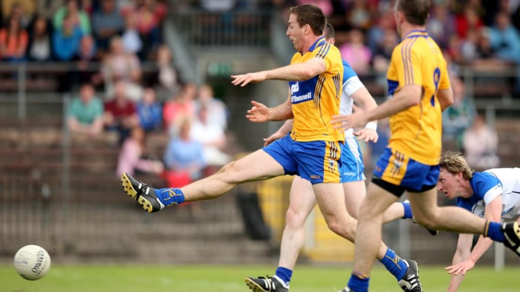 Clare captain Gary Brennan fires home his side’s first goal in the Munster SFC quarter-final replay against Waterford at Fraher Field in Dungarvan. Photograph:   James Crombie/Inpho