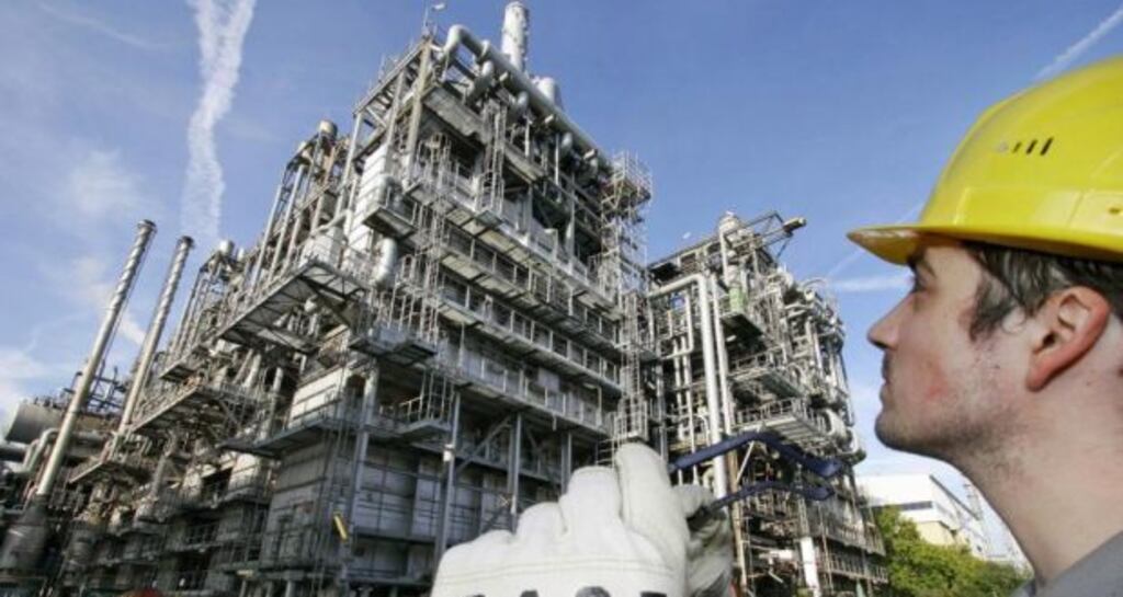 A member of staff of chemical group BASF standing in front of the plant installation ‘Steamcracker II’ in Ludwigshafen, Germany. Photograph: Ronald Wittek/EPA.