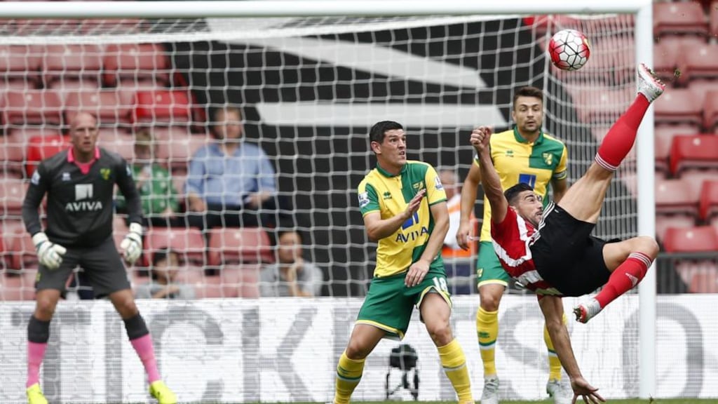Southampton’s Italian striker Graziano Pellè tries an overhead kick against Norwich City at St Mary’s Stadium. Photograph: Justin Tallis/AFP Photo/Getty Images