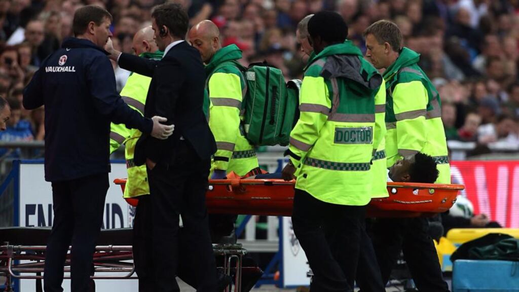 England’s Daniel Sturridge leaves the pitch on a stretcher after picking up an injury during the International Friendly match at Wembley . Photograph: John Walton/PA Wire.