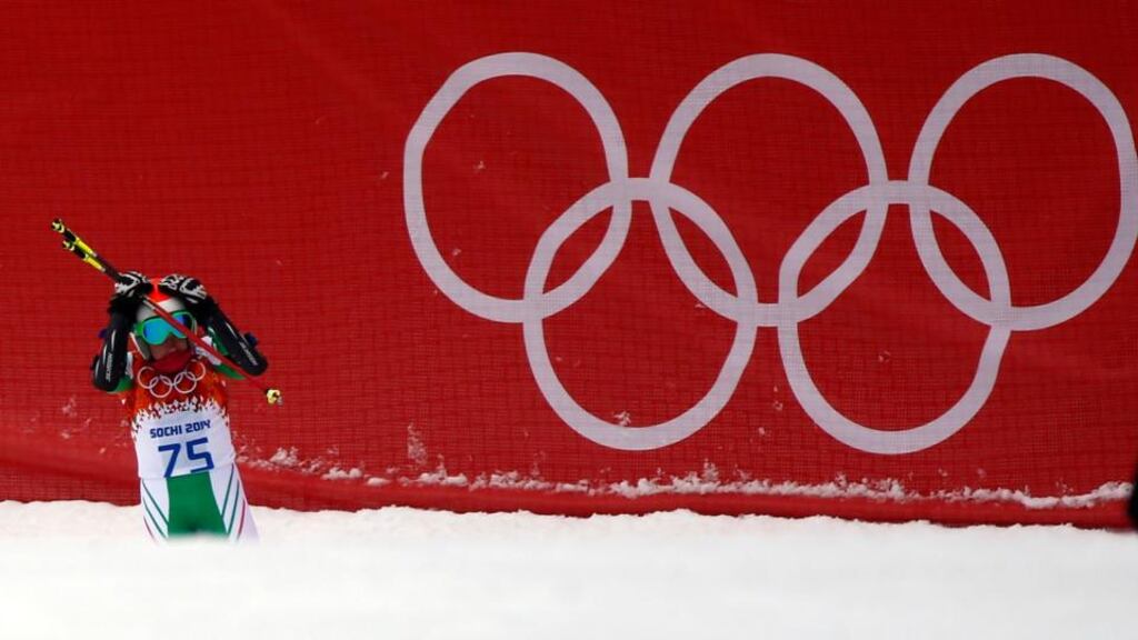 Ireland’s Florence Bell reacts after skiing out during the first run of the women’s alpine skiing giant slalom event at the 2014 Sochi Winter Olympics at the Rosa Khutor Alpine Centre. Photograph: Dominic Ebenbichler/Reuters