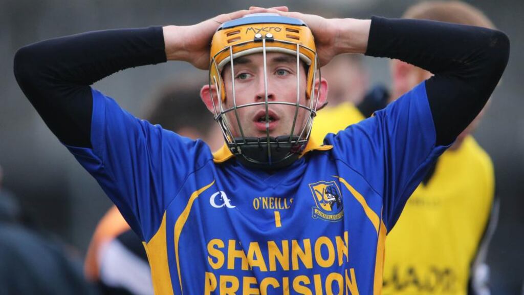 Sixmilebridge goalkeeper Derek Fahy looks dejected after the game. Photograph: Cathal Noonan/Inpho