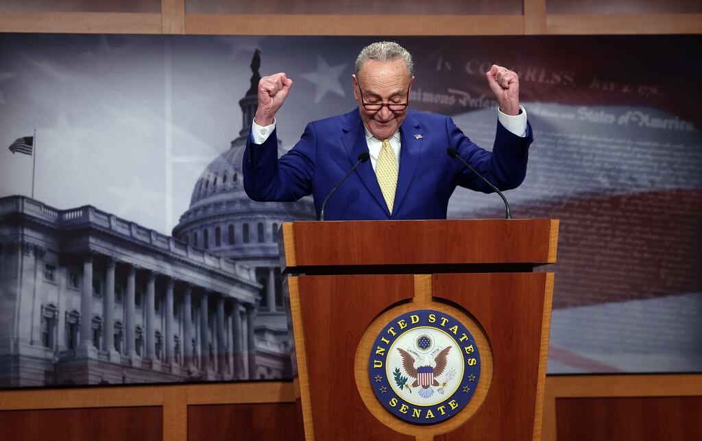 US Senate majority leader Charles Schumer gives a press conference on Tuesday after a pre-dawn vote in the chamber to approve a multi-billion dollar aid package for Ukraine, Israel and Taiwan. Photograph: Kevin Dietsch/Getty Images
