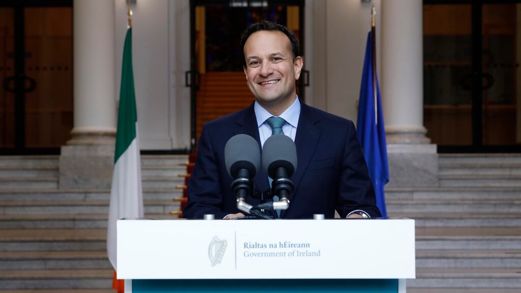Taoiseach Leo Varadkar speaking on the steps of Government Buildings on May 1st. Photograph: Photocall Ireland