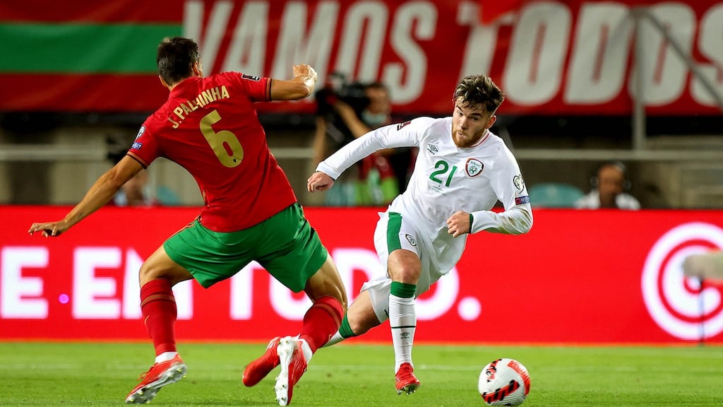 Ireland’s Aaron Connolly in action against João Palhinha of Portugal: the player had multiple chances to become a national hero that night. Photograph: Ryan Byrne/Inpho