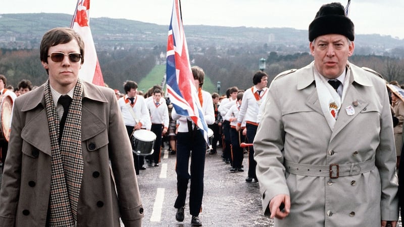 Peter Robinson and Ian Paisley at the Carson Trial rally in 1981. Photograph: Pacemaker