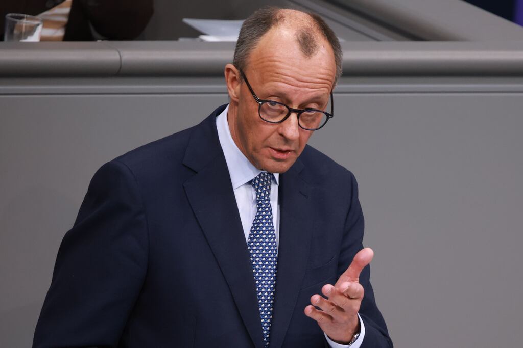 Germany's presumptive chancellor Friedrich Merz speaks during an eventful Bundestag session on Thursday. Photograph: Clemens Bilan/EPA