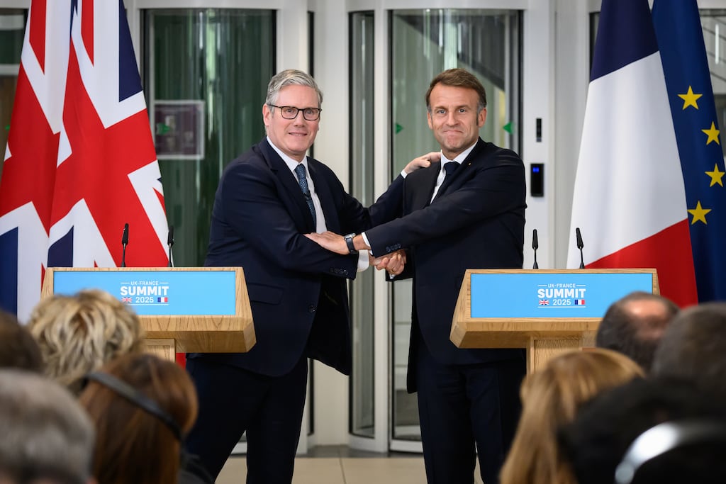 UK prime minister Keir Starmer (left) and French president Emmanuel Macron shake hands during the press conference at the conclusion of a joint military visit in England on Thursday. Photograph: Leon Neal/ Getty Images