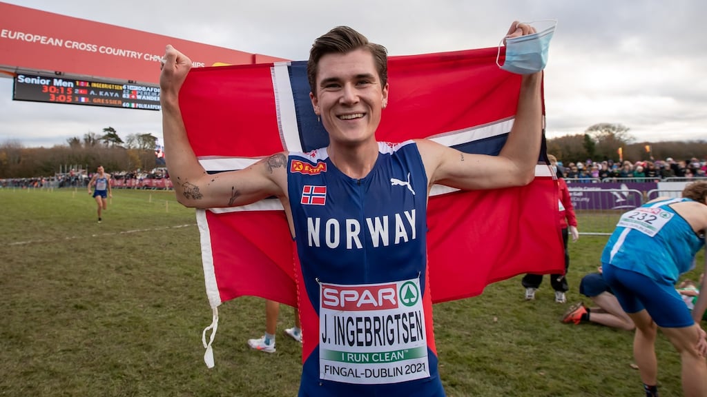 Norway’s Jakob Ingerbrigtsen celebrates winning the men’s senior title. Photograph: Morgan Treacy/Inpho