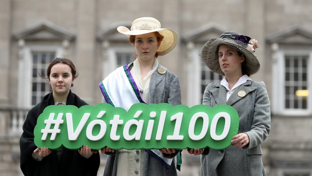 Evelyn O’Keeffe, Meg O’Brien and Megan O’Malley of the Gaiety School of Acting launching the Oireachtas Vótáil100 programme of events commemorating 100 years of suffrage. Photograph: Jason Clarke.