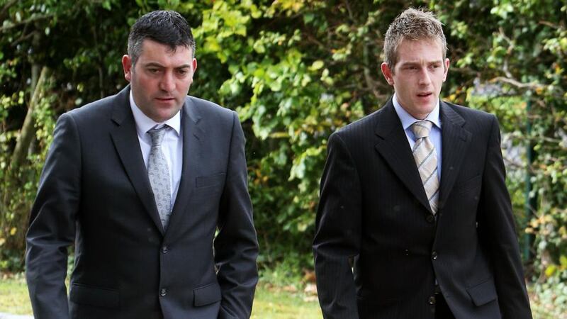 Sean Rowlette and Michael Kivlehan arriving at Carrick-on-Shannon courthouse during an inquest into the death of Mr Kivlehan’s wife Dhara. Photograph: Brian Lawless/PA Wire