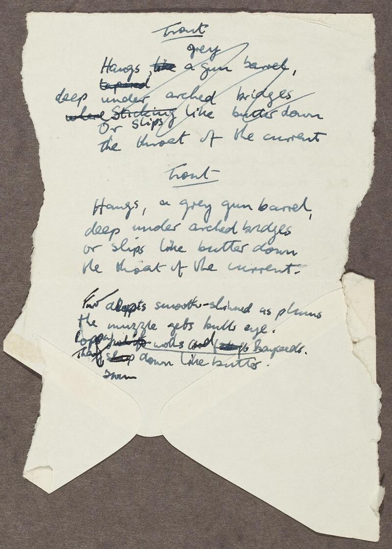 First draft: Seamus Heaney’s first version of his poem Trout, written on the back of an envelope. Courtesy National Library of Ireland
