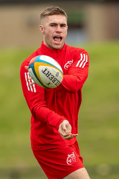 Jack Crowley during a Munster training session at University of Ireland on Monday. Photograph: Morgan Treacy/Inpho
