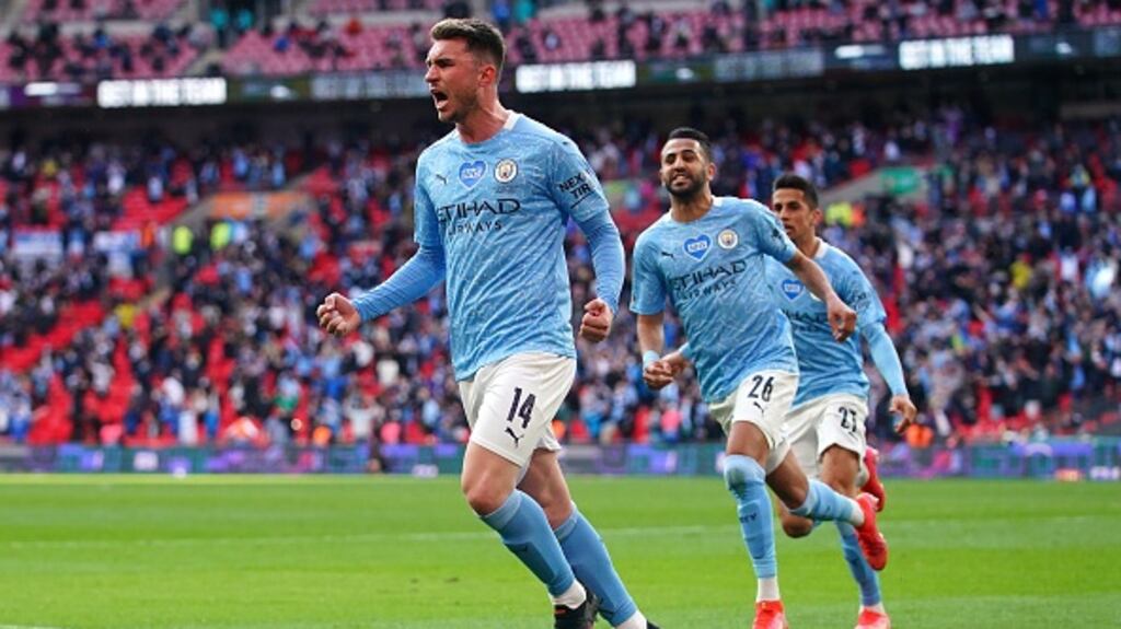 Aymeric Laporte after scoring for Manchester City in their Carabao Cup final win over Tottenham Hotspur at Wembley Stadium. Photograph: Matt McNulty/Getty Images